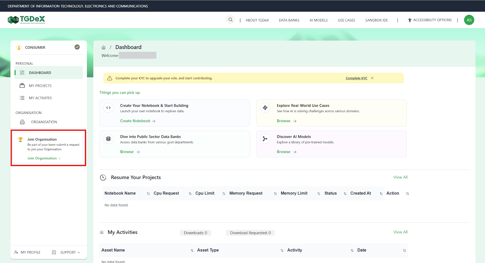 Accessing Join Organisation from the Dashboard